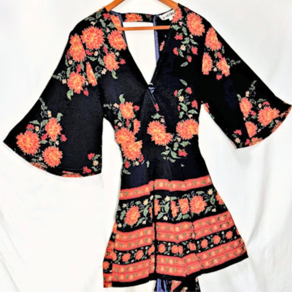 MARCONA Dark Blue with Orange Flowers and Accents Romper, Small